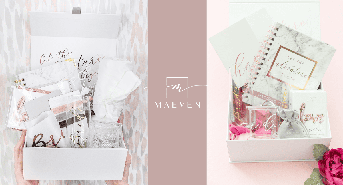 Maeven Bridal Box with luxurious wedding planning items including champagne flutes, custom wedding planner, and acrylic ring box